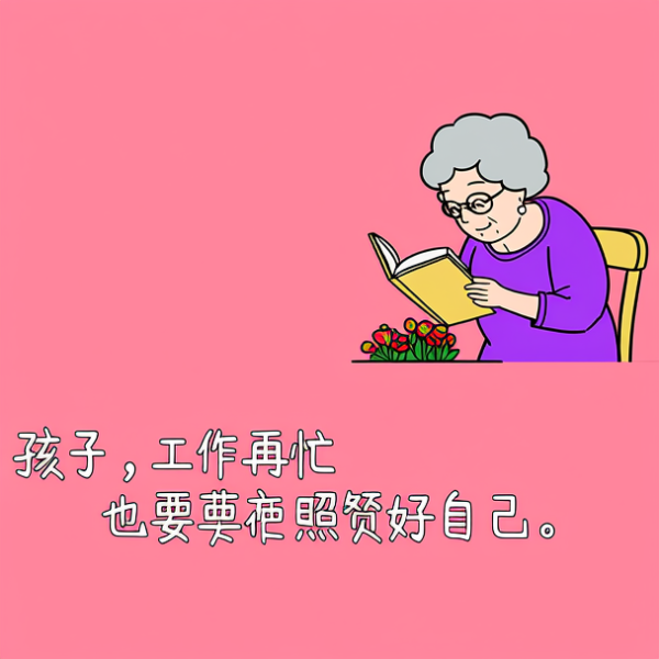 有一位戴着眼镜、头发灰白的老奶奶，她穿着紫色上衣，正在院子里看着书，有茶几，有鲜艳的鲜花。文字内容是“孩子，工作再忙也要照顾好自己。”，文字为白色细体手写风格。采用简洁的卡通插画风格，人物和物体的线条简单流畅，色彩明快且饱和度适中。以粉色为背景主色调，搭配人物和物体的多彩颜色，整体和谐具有视觉吸引力。